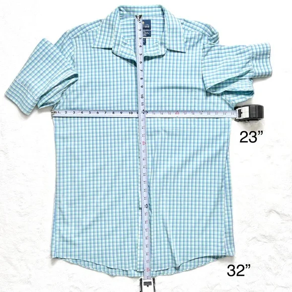 Stafford Mens Aqua Blue White Gingham Plaid Long Sleeve No Iron Buttondown Shirt - Picture 6 of 7